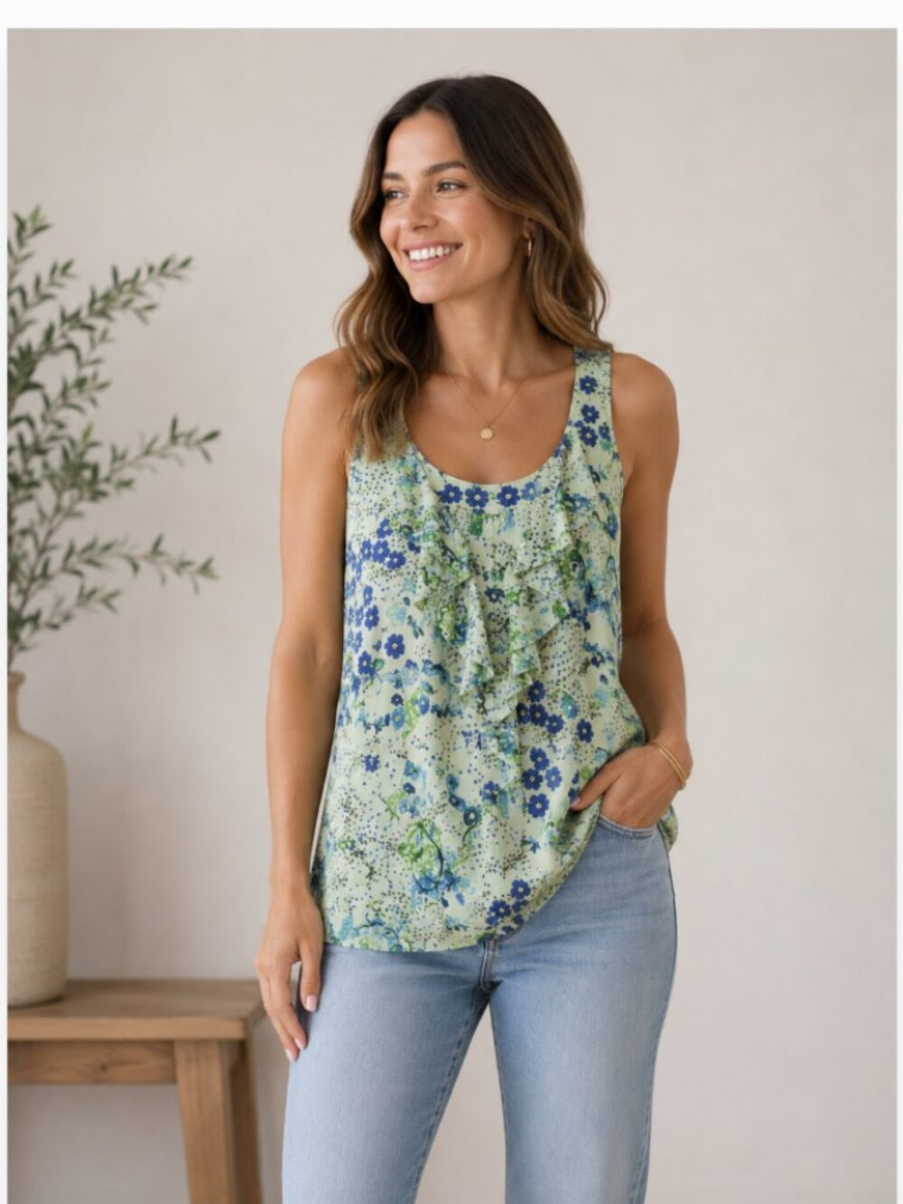 Lapis EUC floral ruffle button front high neck flowy tank size S tunic length